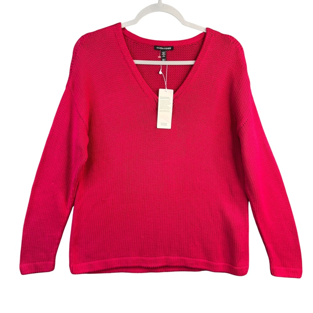 Eileen Fisher V-Neck Sweater Pink Organic Cotton Cord Jersey S New $268